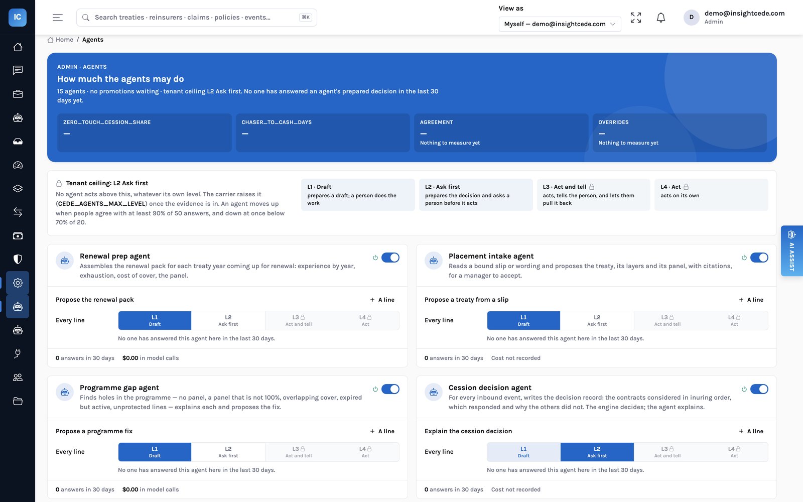 The autonomy page: a four-step dial per agent and action, from L1 Draft to L4 Act, stopped at the tenant ceiling of L2 Ask first, with a switch to turn each agent off