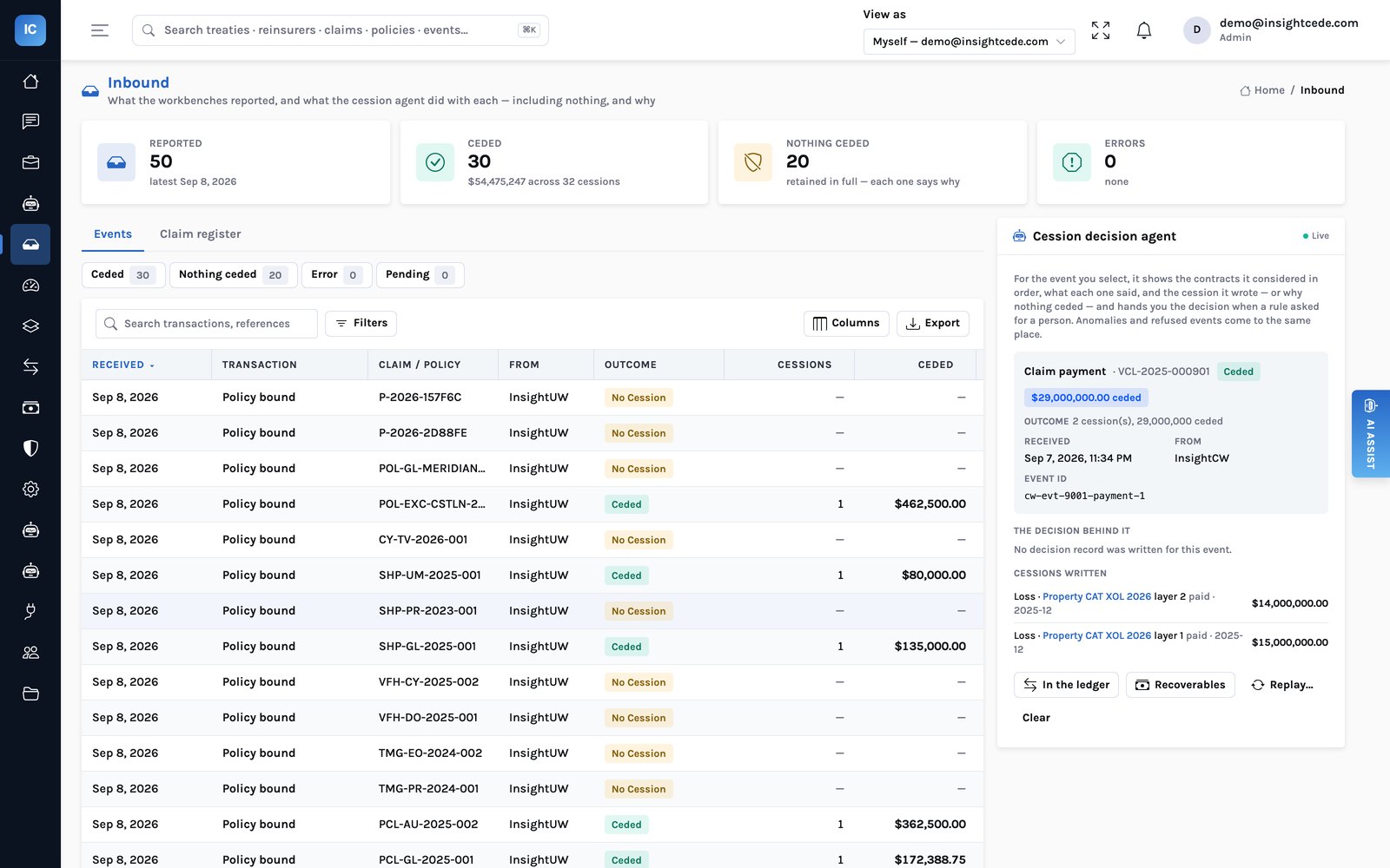 Inbound: 50 reported transactions, 30 ceded and 20 with nothing ceded, and a claim payment selected showing $29,000,000 ceded in two cessions to Property CAT XOL layers